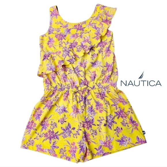 Nautica Girls Yellow Purple Floral Ruffled Romper Short Sleeveless Size M (8-10) - Picture 1 of 16